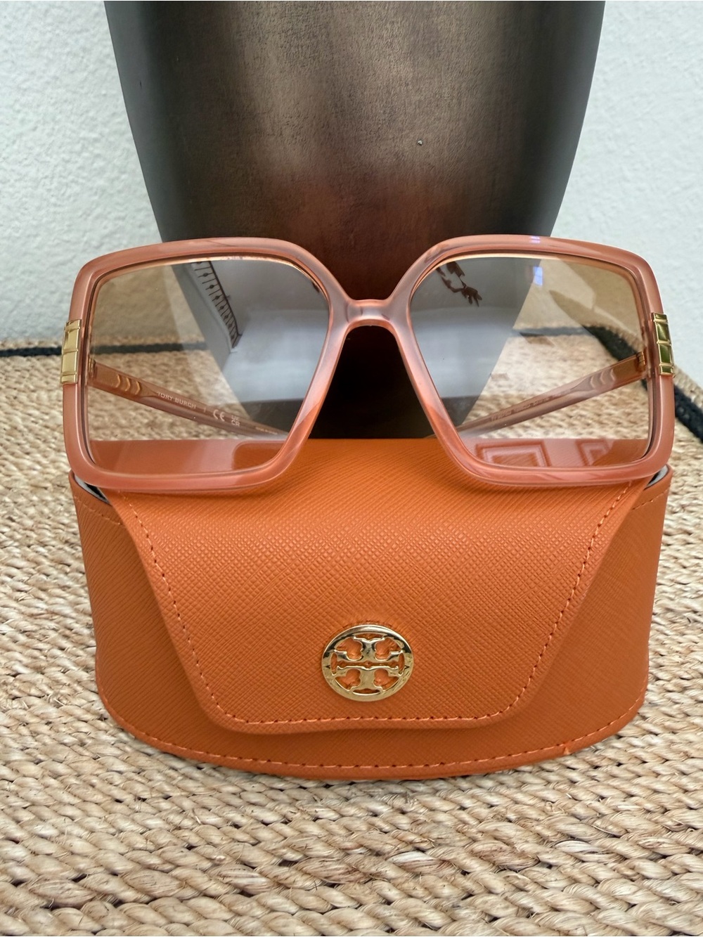 Tory Burch Peach Translucent Oversized Square Sunglasses with Orange Case